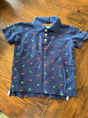 Navy Polo Shirt with Orange & Green Dino Motif for Kids